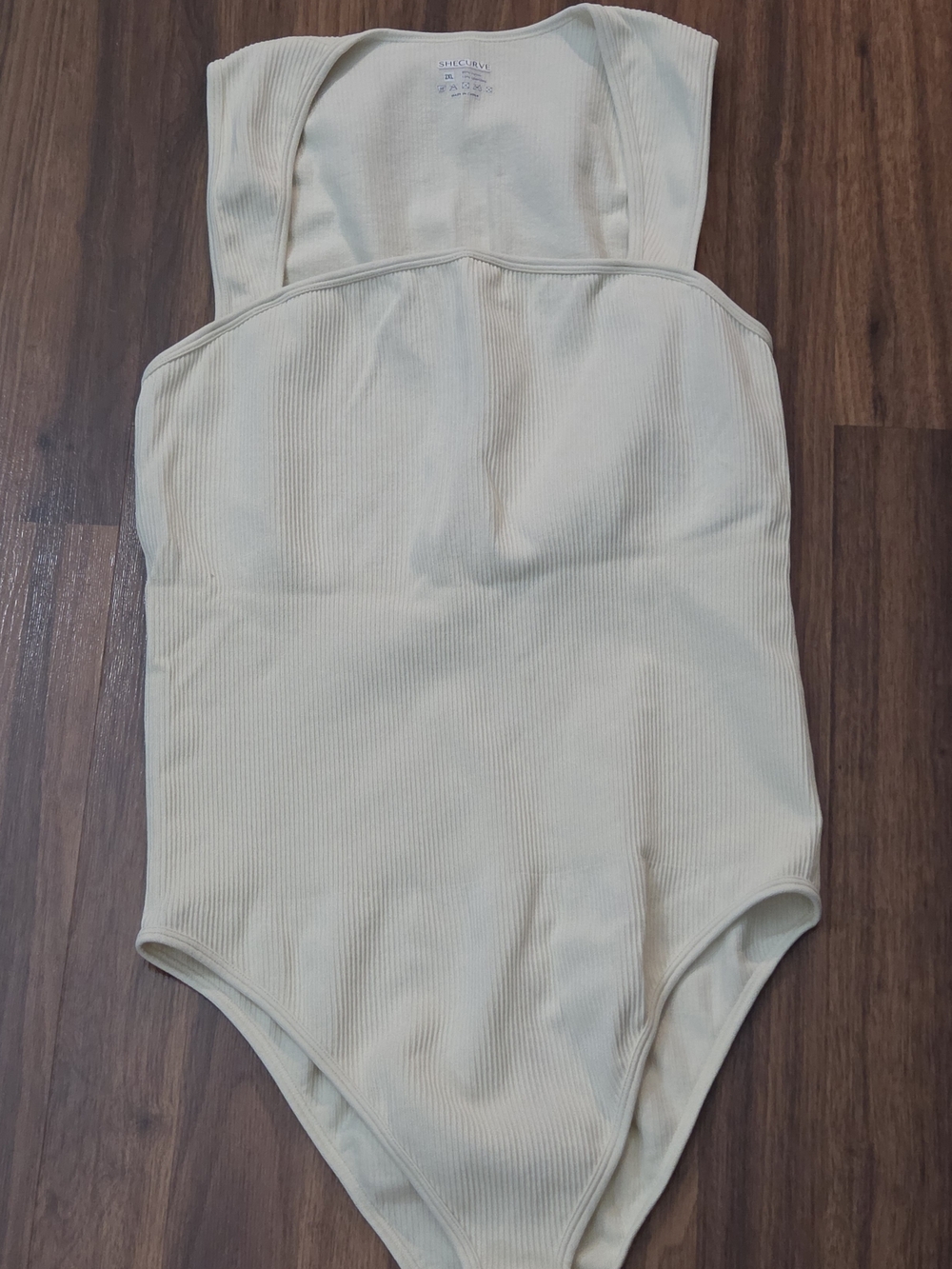 Ribbed Square-Neck Tummy Control Bodysuit in Cream
